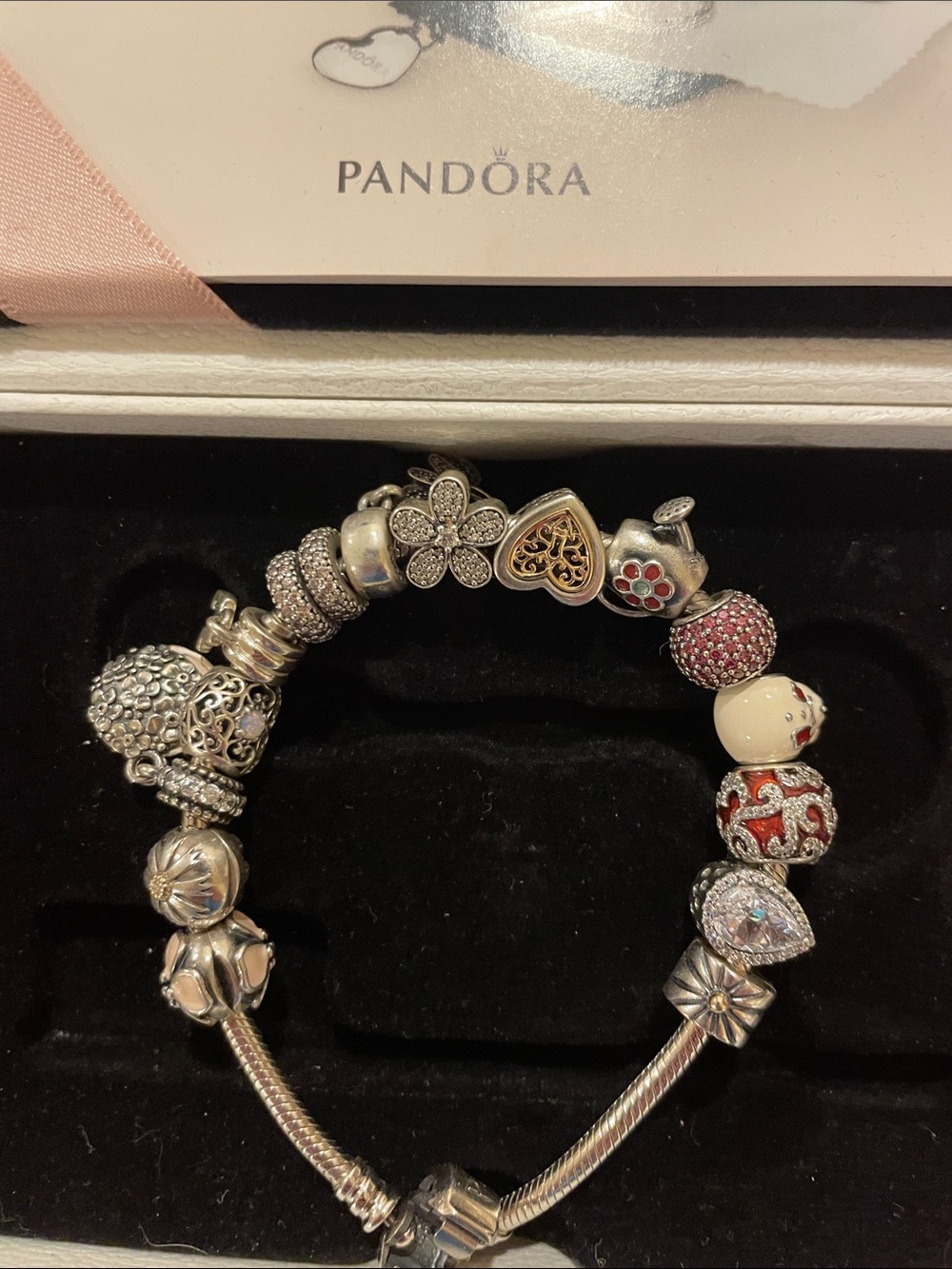 Pandora Sterling Silver Bracelet with Pink, Red & Cream Charms 16 charms